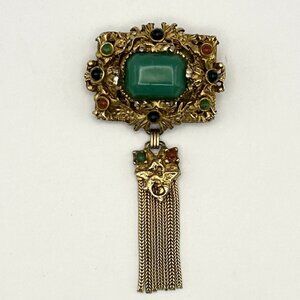 Vintage Kramer of New York Brooch Tassel Faux Jade Cabochon Gold Tone Rare